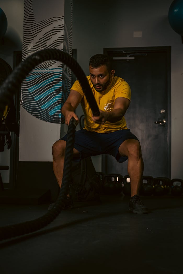 Man performing intense battle rope exercise in a gym, focusing on strength and endurance.